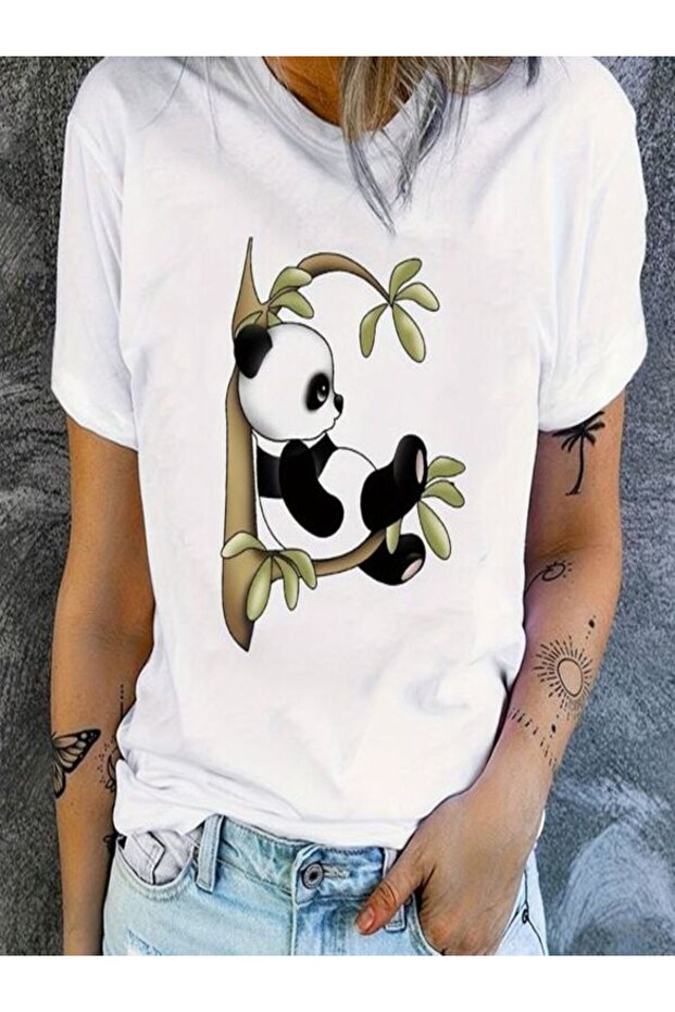 White Printed Oversize T-Shirt - Crew Neck, Short Sleeve