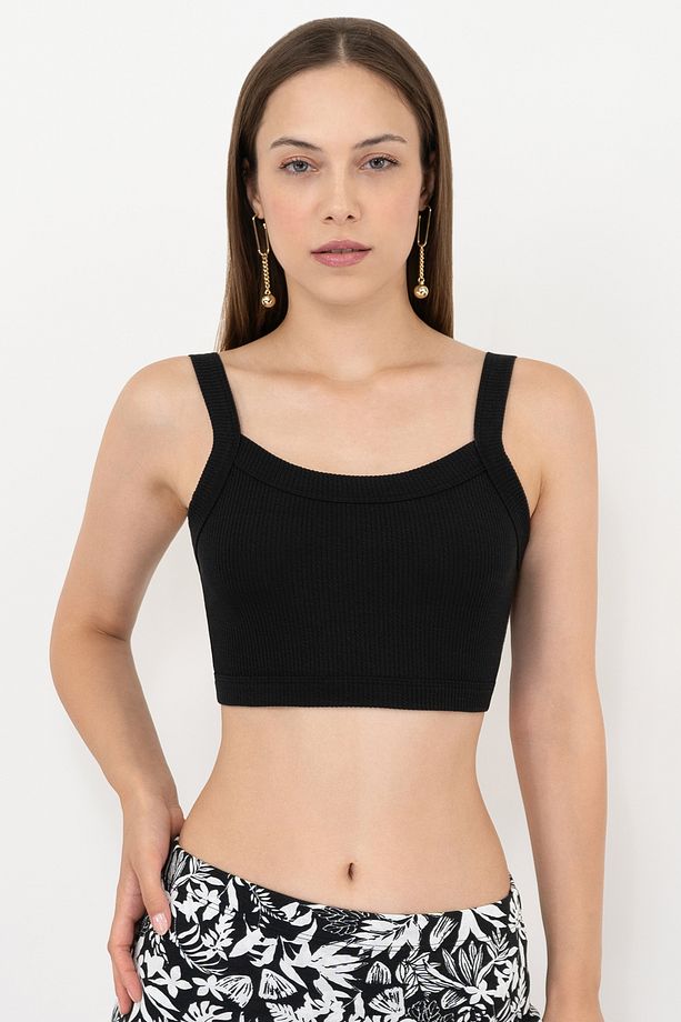 Kadın Siyah Fitted Kare Yaka Fitilli Esnek Örme Crop Atlet - 2