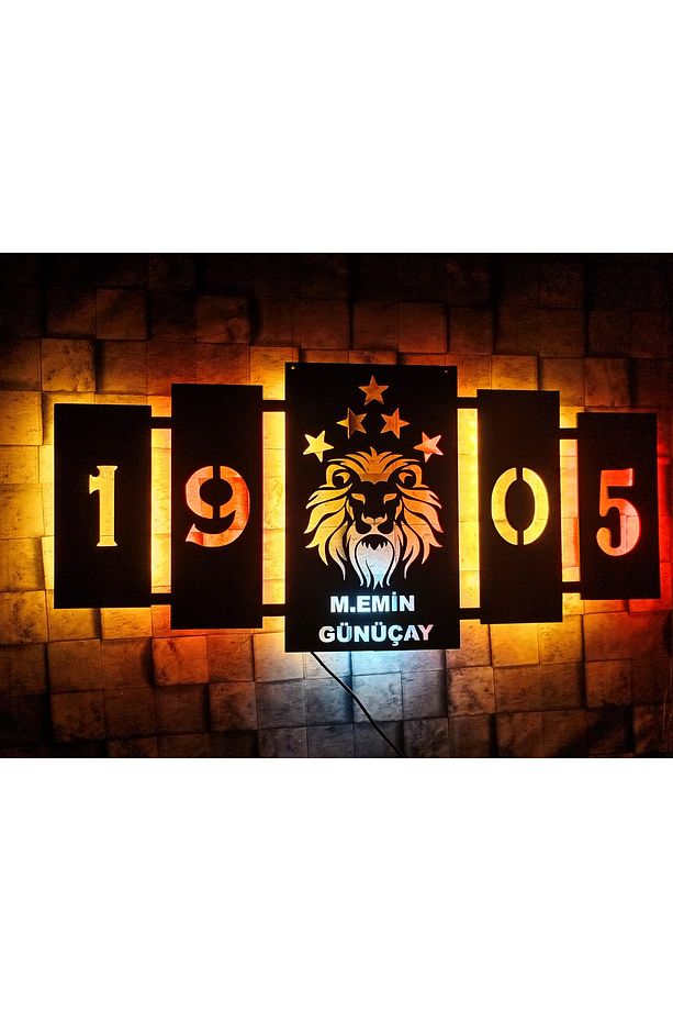 Ahşap Ledli Duvar Dekor Tablo Aslan Tablo Hediyelik Duvar Süsü 5 Yıldız Işıklı 1905 Tablo - 1