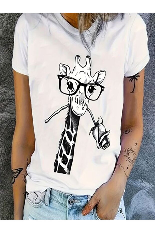 White Printed Oversize T-Shirt - Crew Neck, Short Sleeve