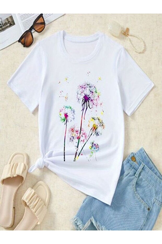 White Printed Oversize T-Shirt - Crew Neck, Short Sleeve