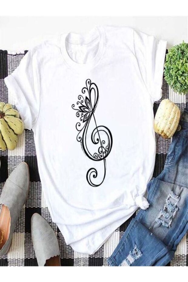 White Printed Oversize T-Shirt - Crew Neck, Short Sleeve