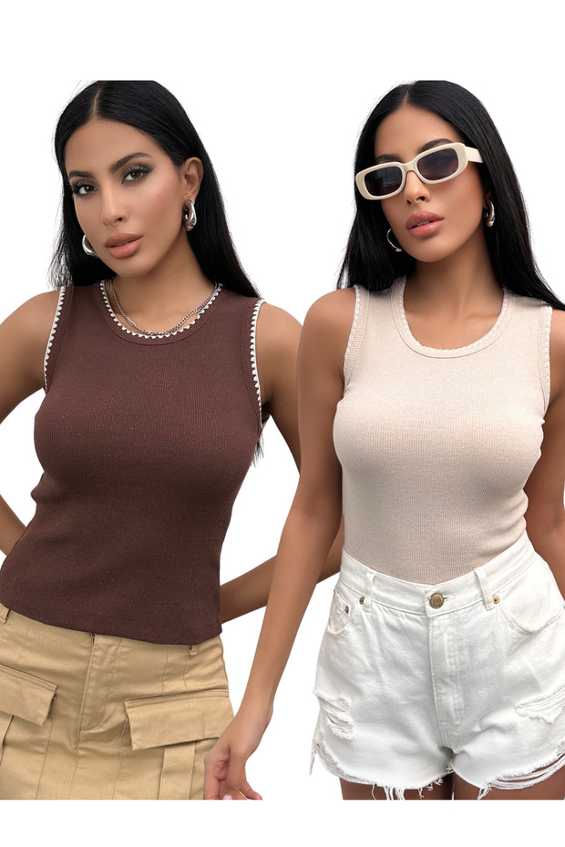 Women's Coffee Cream Ribbed Knitted Blouse 2-Pack