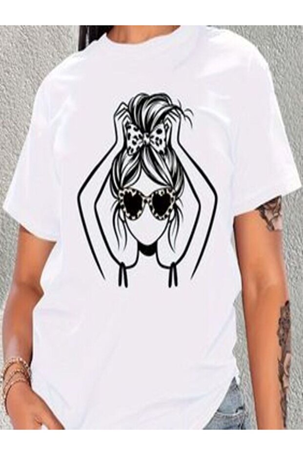 White Printed Oversize T-Shirt - Crew Neck, Short Sleeve