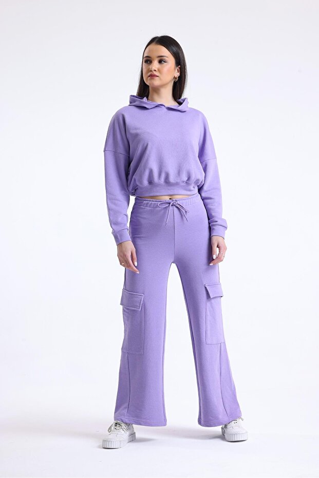 Lilac High Waist Side Pocket Wide Leg 100% Cotton Sweatpants