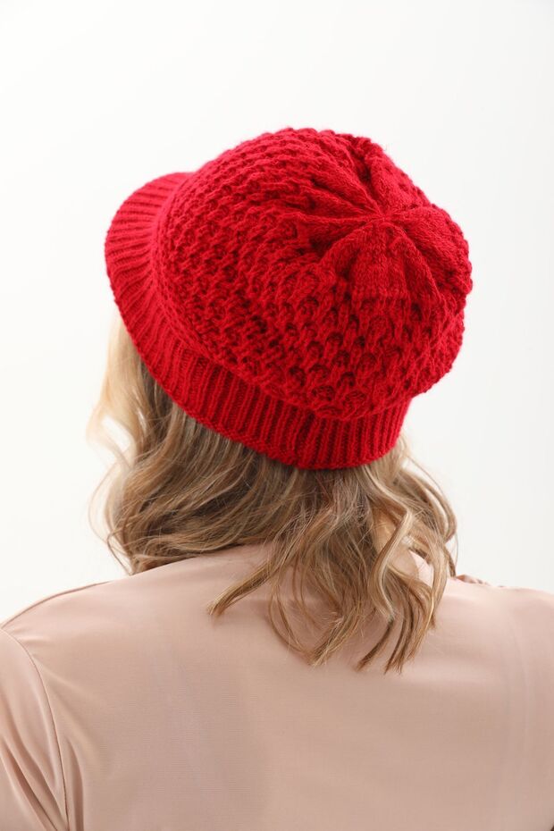 Siperli Çift Kat Kırmızı Triko Örme Bere - 6