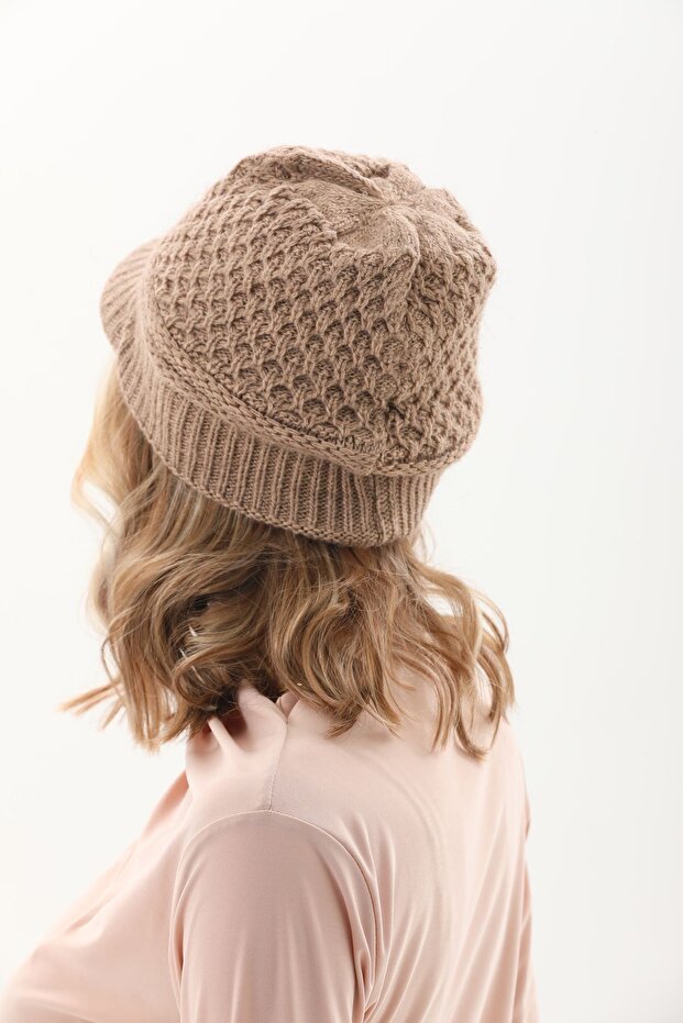 Siperli Çift Kat Bej Triko Örme Bere - 6