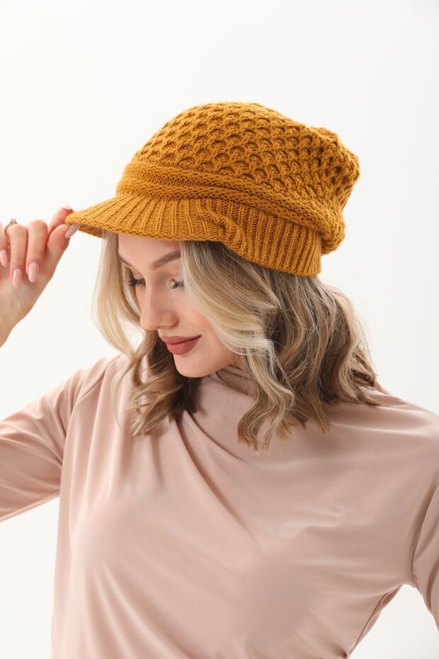 Siperli Çift Kat Hardal Triko Örme Bere - 4