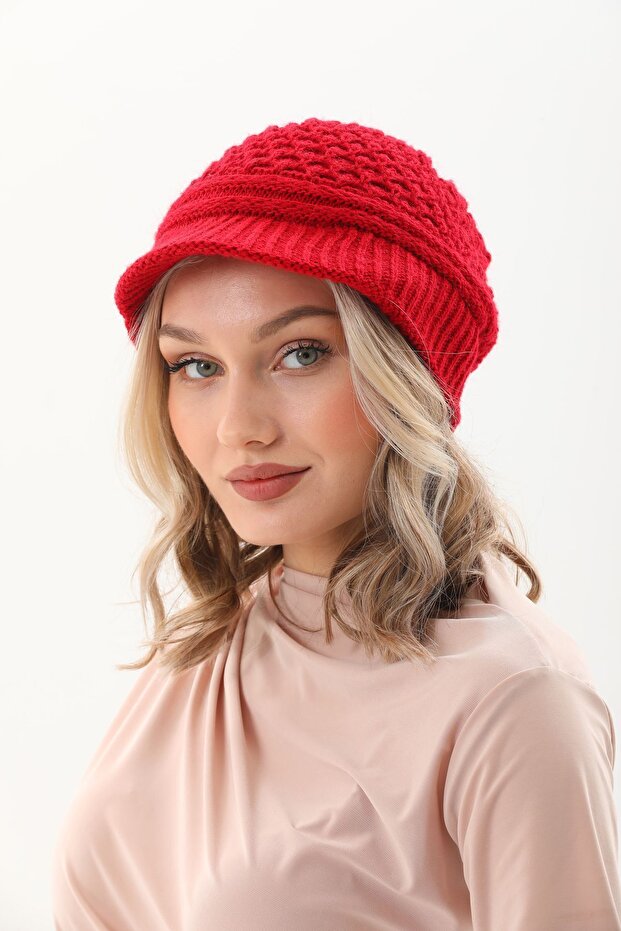 Siperli Çift Kat Kırmızı Triko Örme Bere - 3