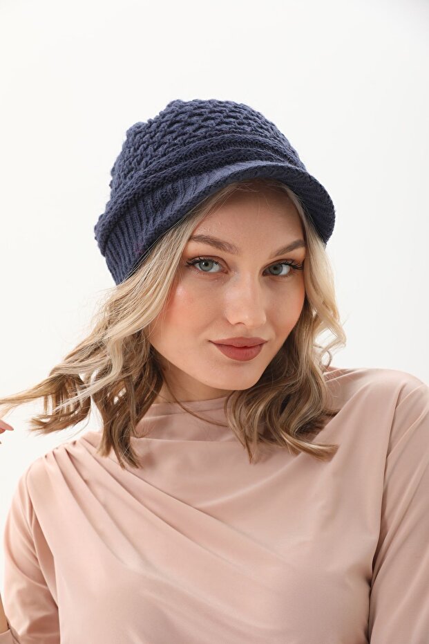 Siperli Çift Kat Lacivert Triko Örme Bere - 1