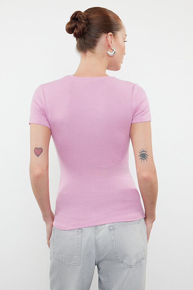 Pembe Viskoz/Yumuşak Kumaş Vücuda Oturan Esnek Örme Bluz TWOSS24BZ00296 - 5