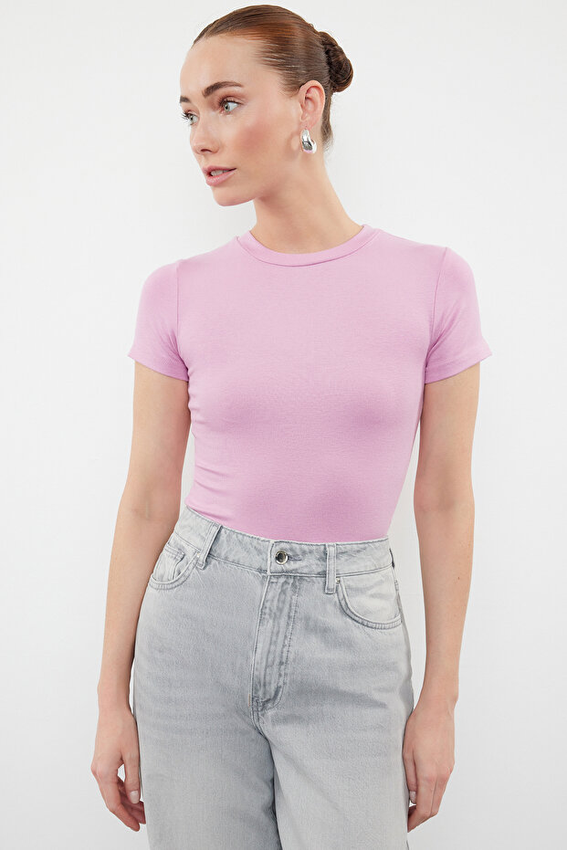 Pembe Viskoz/Yumuşak Kumaş Vücuda Oturan Esnek Örme Bluz TWOSS24BZ00296 - 2