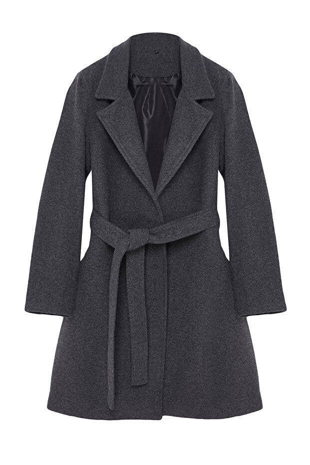 Hosszú gyapjú antracit bélyegző kabát - öves, TWOAW20KB0033 - 6