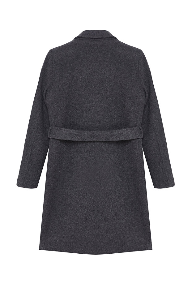 Hosszú gyapjú antracit bélyegző kabát - öves, TWOAW20KB0033 - 7
