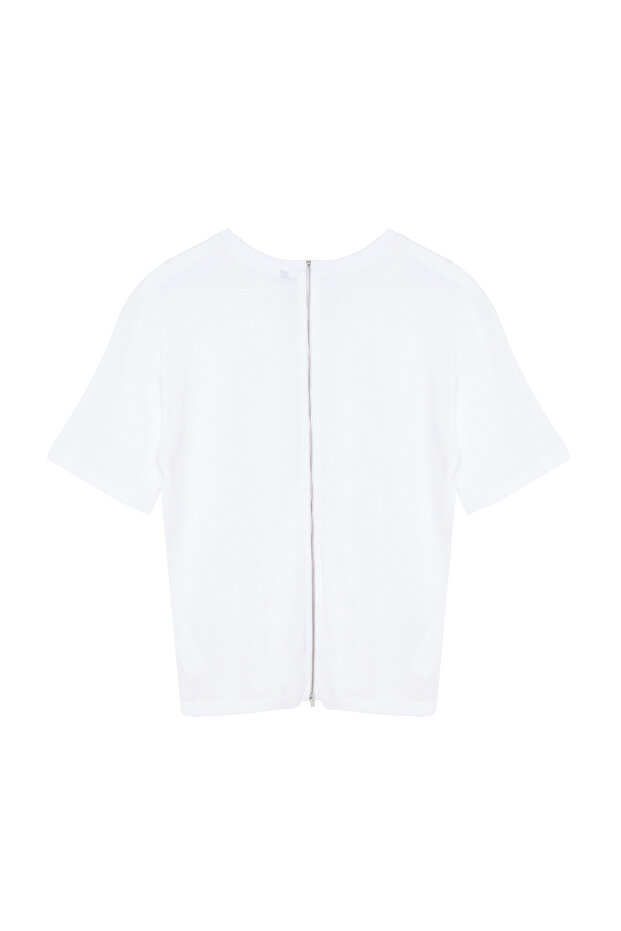 Beyaz %100 Kalın Pamuklu Fermuar Detaylı Relaxed/Rahat Kalıp Örme T-Shirt TWOSS24TS00272 - 9