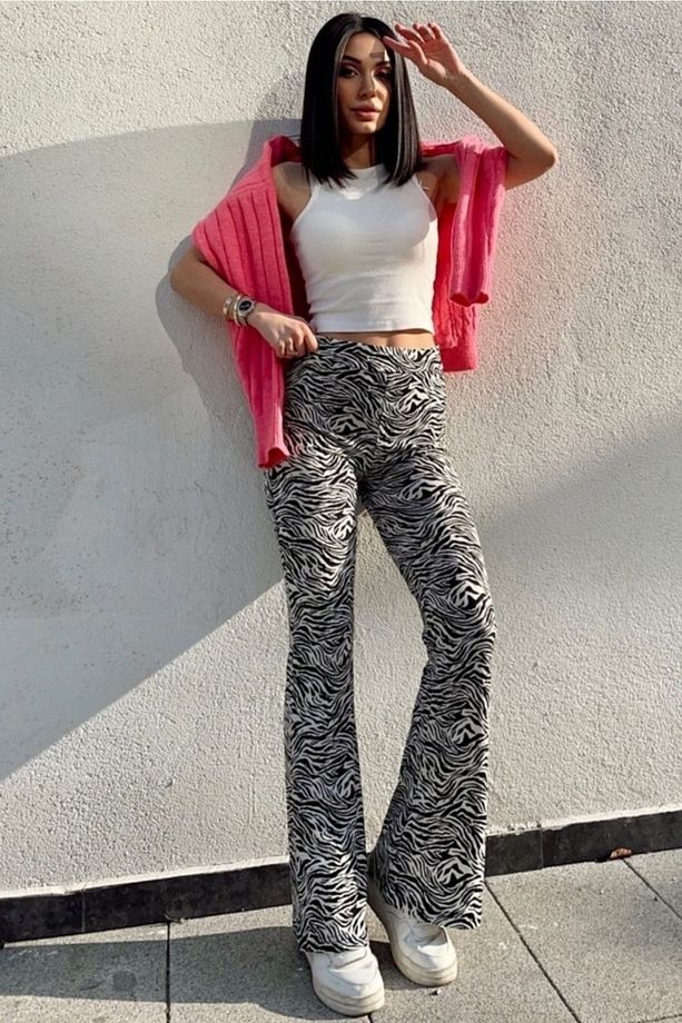 Ekru-siyah Krep Kumaş Zebra Desenli Likralı Yüksek Bel Toparlayıcı Ispanyol Paça Tayt Pantolon - 5