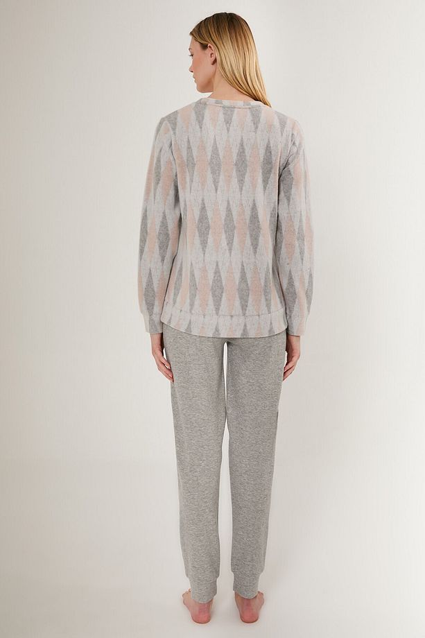 Equilateral Triangle Pattern Gri Kadın Uzun Kol Pijama Takım - 5