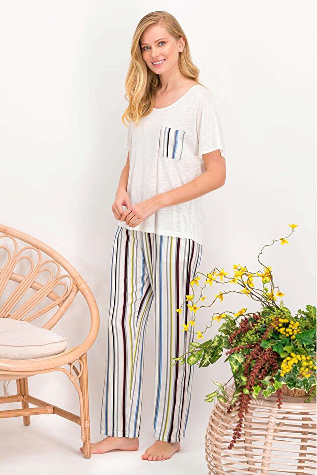 Colour Lines Cream Pocketed Boat Neck Short Sleeve Women's Pajama Set