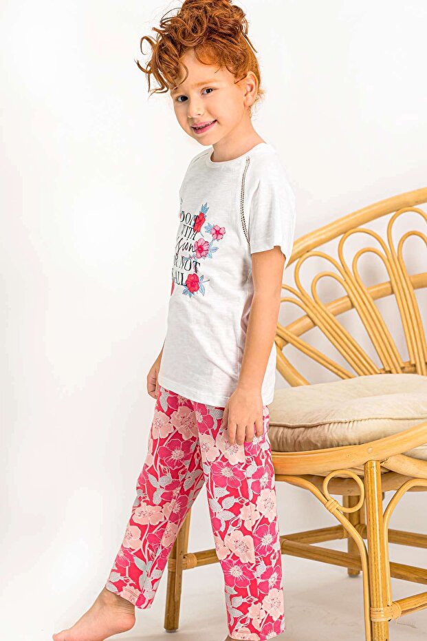 Pink Violet Cream Embroidery Detailed Short Sleeve Girls' Pajama Set