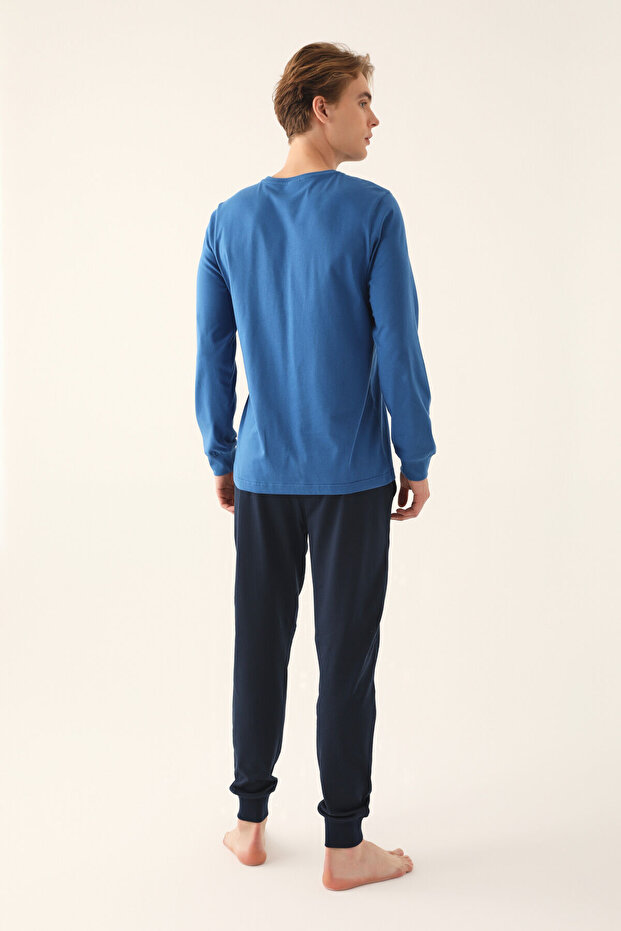Erkek Mavi Uzun Kol Pijama Takım - 5