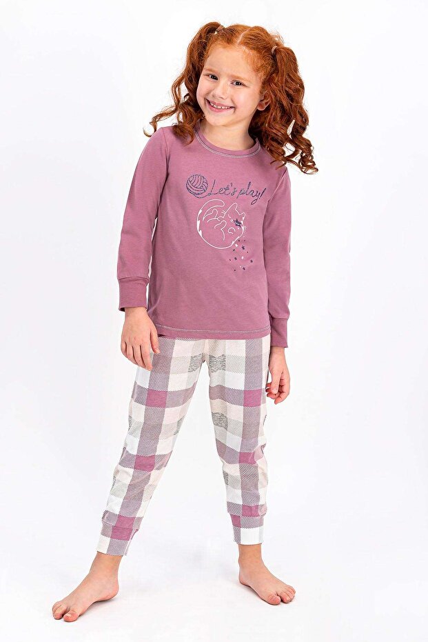 Lets Play Cat Plaid Plum Girls' Pajama Set