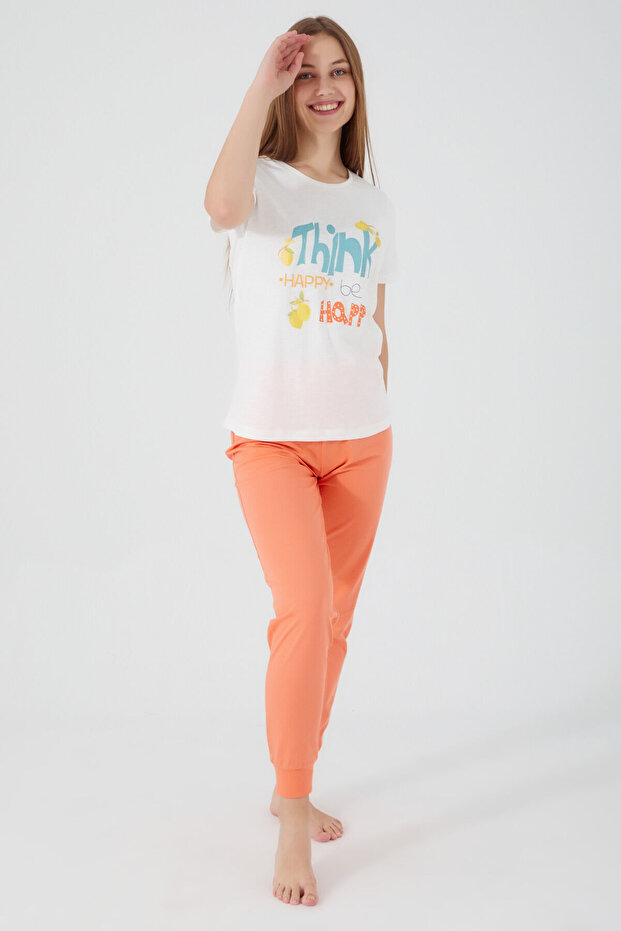 Rolypoly Think Happy Be Happy Cream Women's Short Sleeve Pajama Set