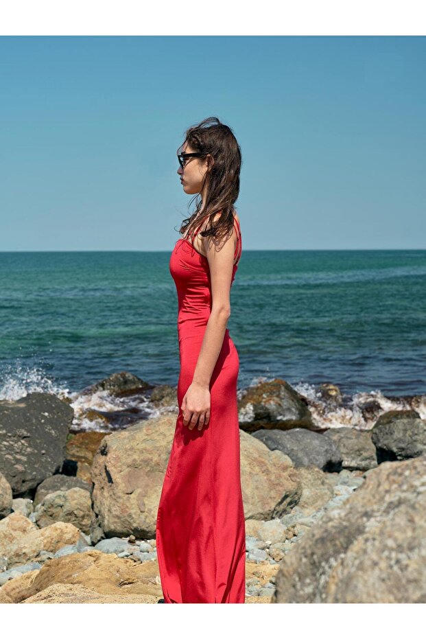 Askılı Jarse Kırmızı Uzun Elbise - 3