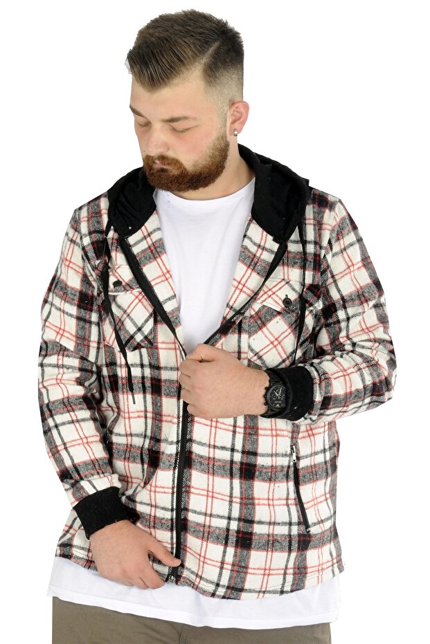 Mode Xl Erkek Sweat Fermuarlı Kapşonlu Kapak Cep Oduncu 21572 Ekru - 1