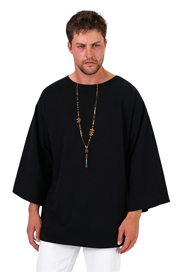 Wide Collar, Short Sleeves, Bohemian Plain Black Sweatshirt, 2 Thread Fabric, Oversize