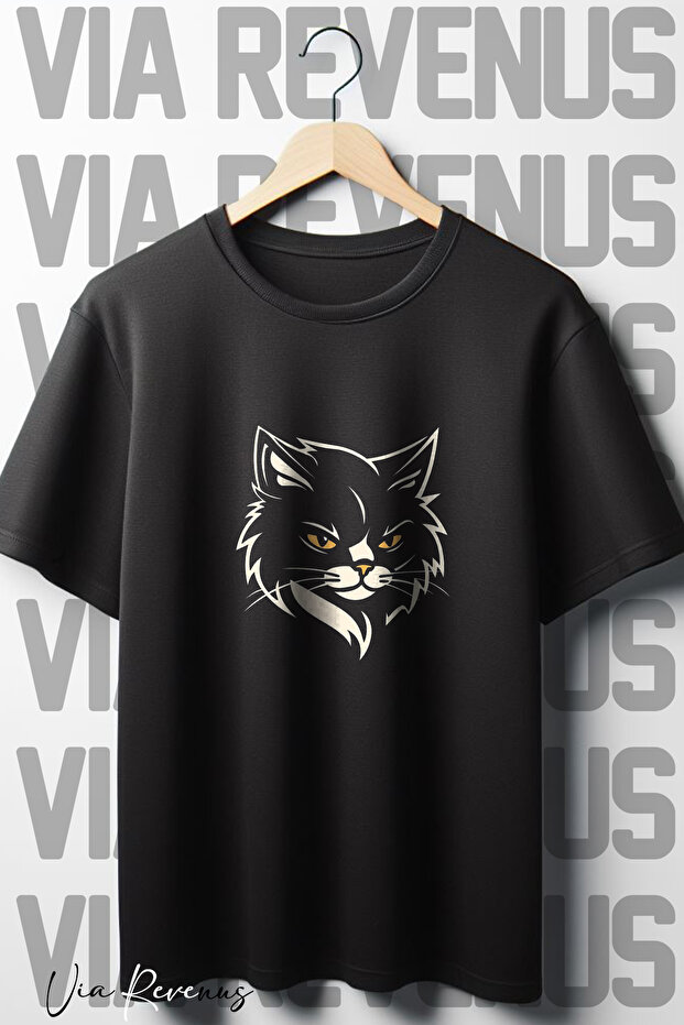 Cat Printed Oversized Loose Fit Crew Neck Black T-shirt