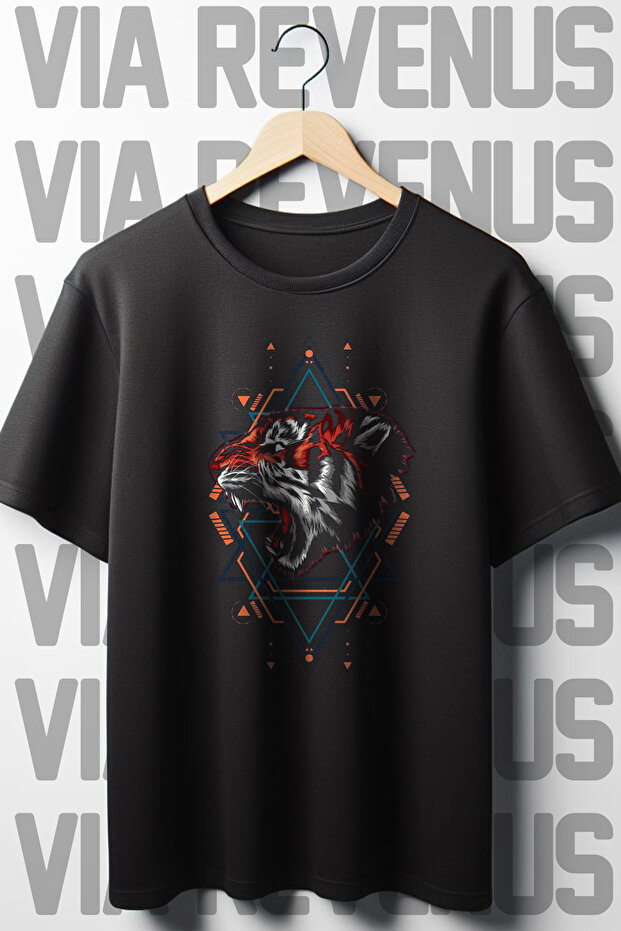 Tiger Printed Oversize Wide Fit Crew Neck Black Tshirt