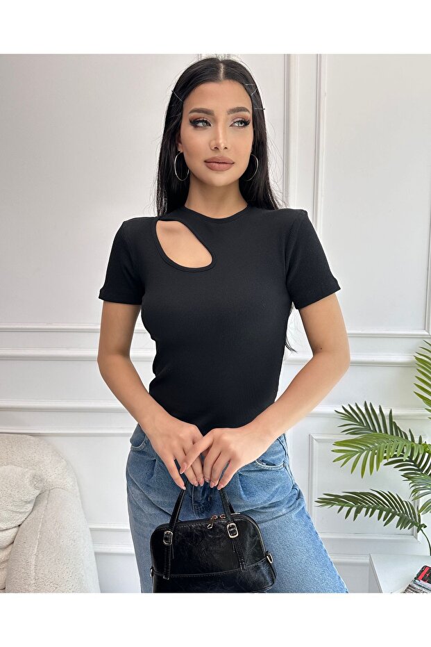 Women's Black Window Detailed Ribbed Knitted Blouse