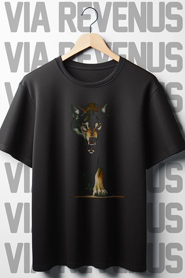 Wolf Printed Oversized Loose Fit Crew Neck Black T-shirt