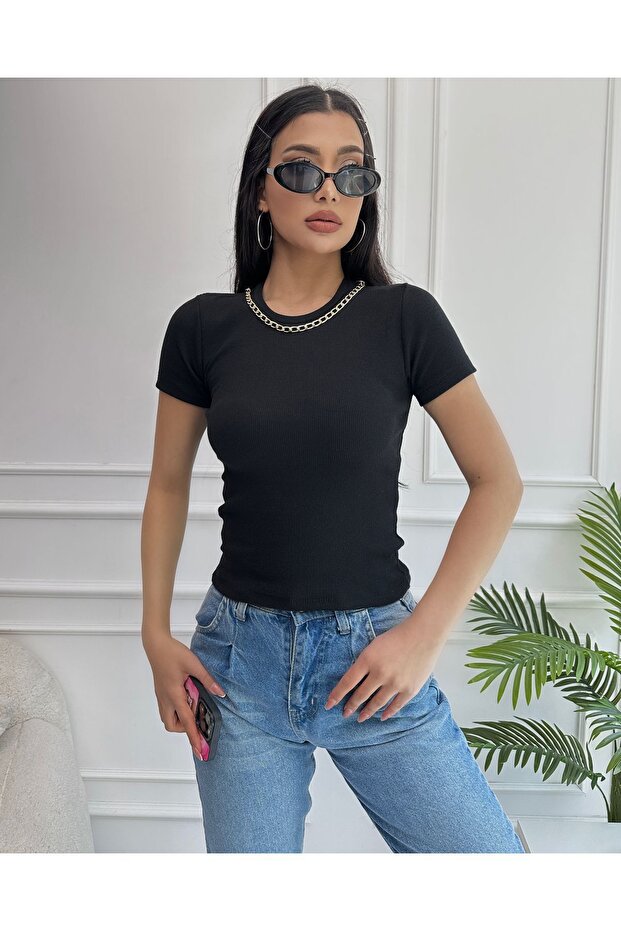 Women's Black Chain Ribbed Knitted Blouse