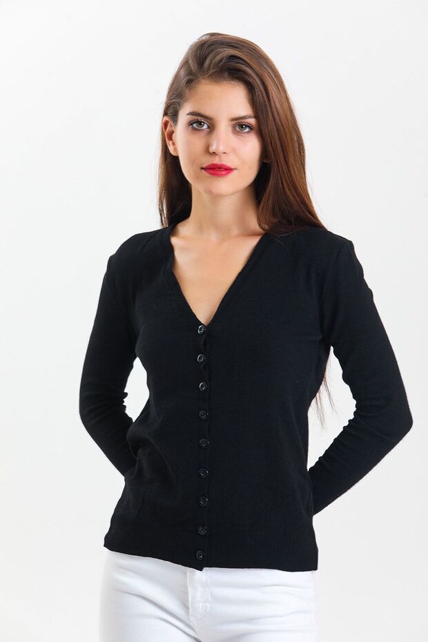 Kadın Düğmeli V Yaka Basic Siyah Triko Hırka - 7