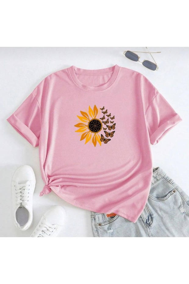 Women's Pink Butterfly Daisy Printed Oversize t-shirt