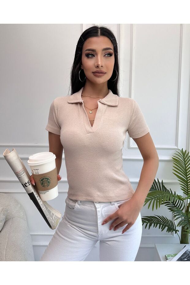 Kadın Krem Polo Yaka Fitilli Örme Bluz - 4