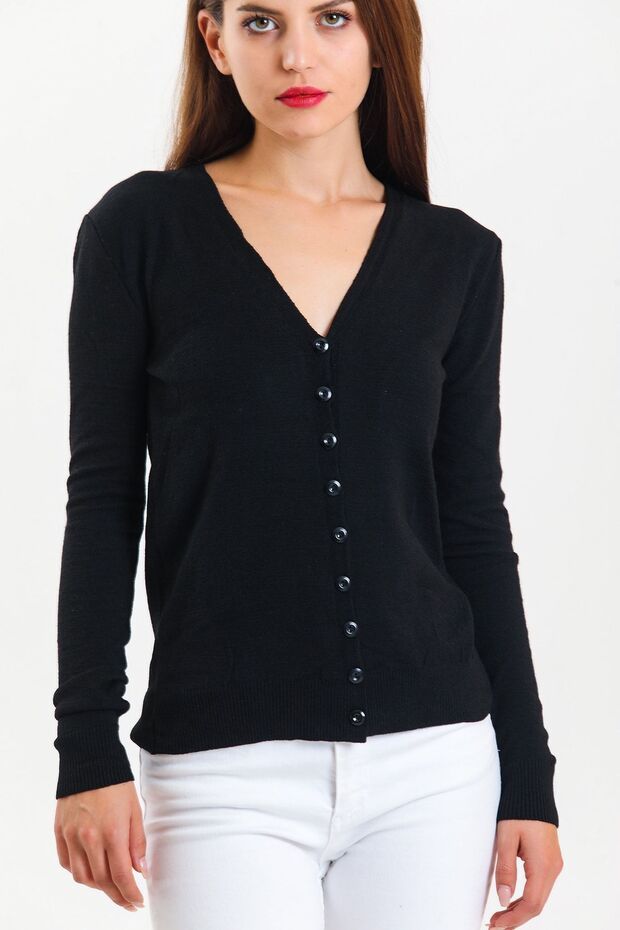 Kadın Düğmeli V Yaka Basic Siyah Triko Hırka - 2