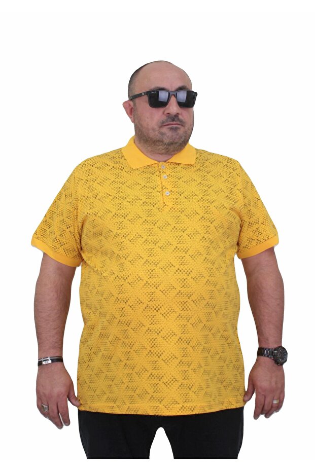Men's Large Size Polo Neck Triangle Printed T-Shirt 24450 Yellow
