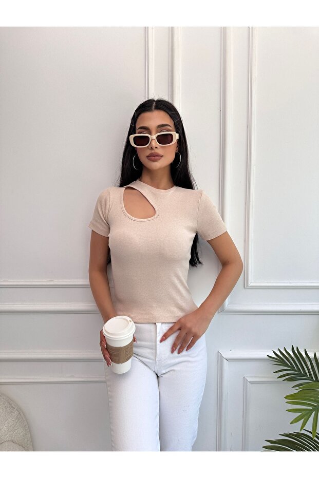 Kadın Krem Pencere Detaylı Fitilli Örme Bluz - 4