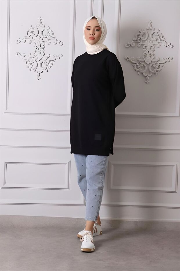 Organic Cotton Crew Neck Above Knee Black Tunic/Sweatshirt 30644