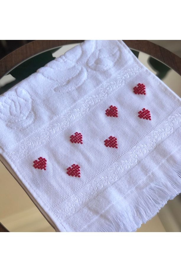 Trend kırmızı kalp desenli etamin işlemeli mutfak havlusu, el yapımı çeyizlik jakarlı 30X50 - 3
