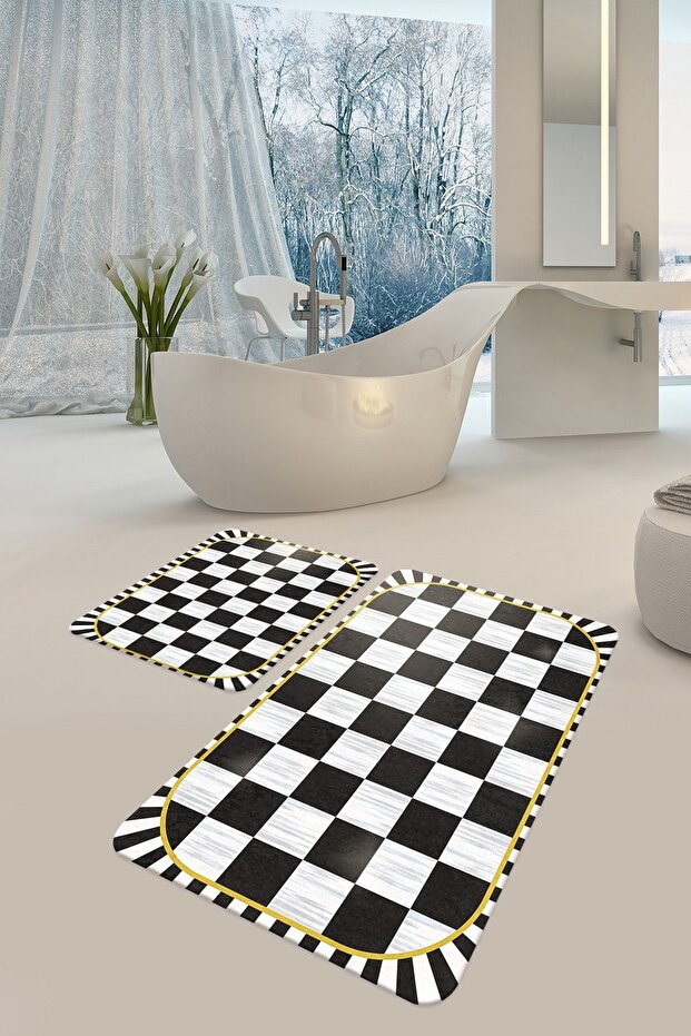 Decorative Digital Printed Set of 2 Bath Mat Non-Slip Base Toilet Set