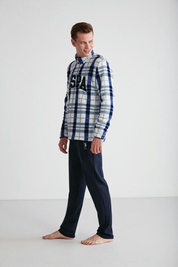 Men's Navy Blue Fleece Sweatshirt-Sweatpants Winter 2-Piece Pajama Set