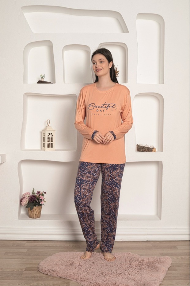 Long Sleeve Crew Neck Yavruağzı Color Pajama Set