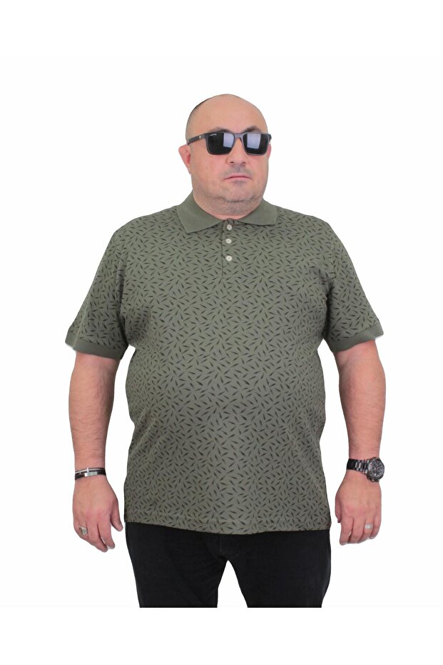 Large Size Men's Polo Collar T-Shirt - Leaf 24457 KHAKI