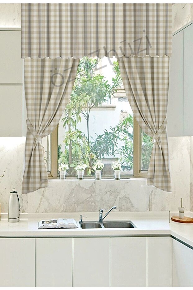 2 Wing Background Curtain Checkered Beige+ 200 Cm Short Kitchen Curtain
