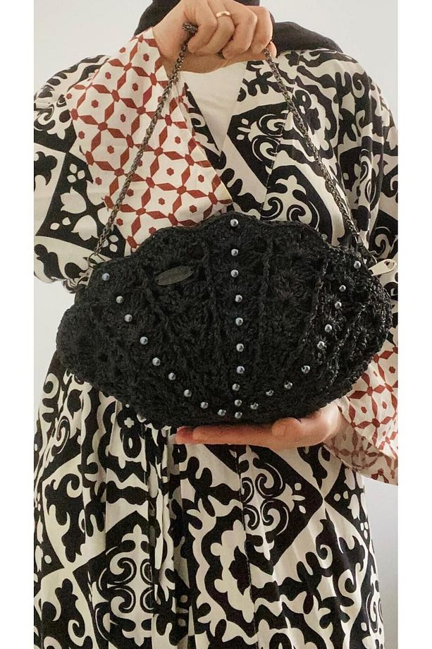 İstiridye detaylı hasır çanta spor şık zincir askı siyah örgü kağıt ip (handmade bag) - 3