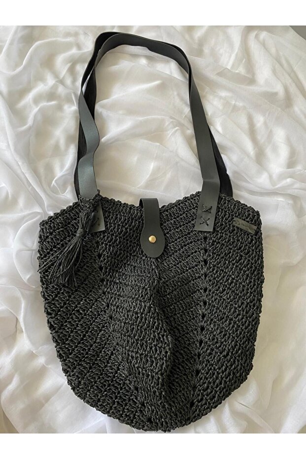 Siyah el örgüsü deri askılı kağıt ip çanta (handmade bag ) - 4