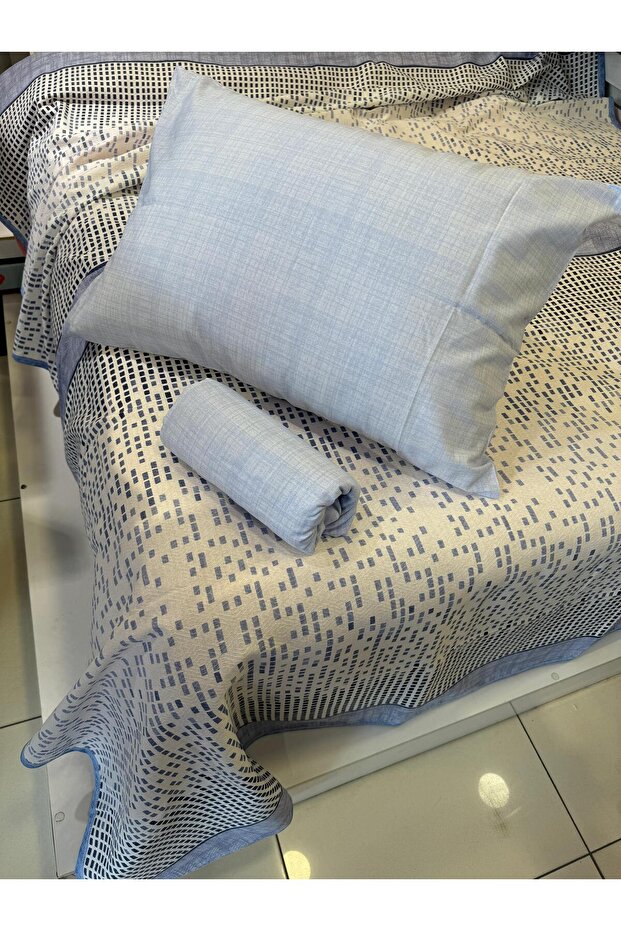 Blue Double Pique Set - Patterned Sheet and Elastic - 6